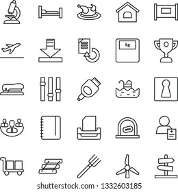 Thin Line Icon Set - fence vector, departure, female, ticket office, notepad, document reload, farm fork, microscope, scales, hospital bed, patient, cargo, settings, hdmi, download, company, stapler