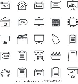 Thin Line Icon Set - fence vector, flight table, presentation board, meeting, clipboard, clapboard, sale, rooms, sold signboard, smart home, cutting, chip