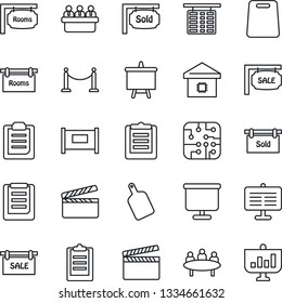 Thin Line Icon Set - fence vector, flight table, presentation board, meeting, clipboard, clapboard, sale, rooms, sold signboard, smart home, cutting, chip