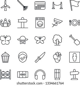 Thin Line Icon Set - fence vector, automatic door, male, luggage storage, job, rake, tree, butterfly, garden light, real heart, signpost, term, shield, headphones, meeting, cafe, drink, dress code