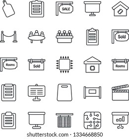 Thin Line Icon Set - fence vector, flight table, presentation board, meeting, clipboard, clapboard, sale, rooms, sold signboard, smart home, cutting, chip