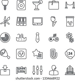 Thin Line Icon Set - fence vector, suitcase, radar, tie, seeds, implant, 24 hours, tulip, package, rack, gamepad, settings, tv, speaker, favorites list, paper clip, support, binder, pool, cocktail