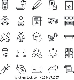 Thin Line Icon Set - fence vector, stamp, lady bug, seeds, syringe, thermometer, pills, bottle, satellite, traffic light, heavy scales, flame disk, remote control, book, sun panel, moving, alcove