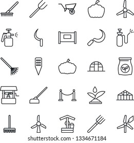 Thin Line Icon Set - fence vector, farm fork, rake, wheelbarrow, well, hoe, sickle, plant label, pumpkin, greenhouse, garden sprayer, fertilizer, windmill, irrigation