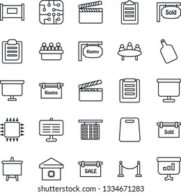 Thin Line Icon Set - fence vector, flight table, presentation board, meeting, clipboard, clapboard, sale, rooms, sold signboard, smart home, cutting, chip