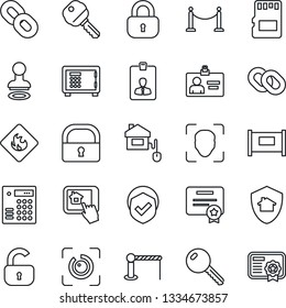 Thin Line Icon Set - fence vector, barrier, stamp, safe, identity card, shield, flammable, chain, sd, lock, face id, eye, key, home control, app, protect, combination, certificate