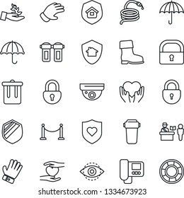 Thin Line Icon Set - fence vector, passport control, trash bin, lock, glove, boot, hose, heart shield, hand, umbrella, eye id, estate insurance, intercome, water filter, home protect, surveillance