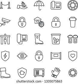 Thin Line Icon Set - fence vector, security gate, trash bin, safe, lock, glove, boot, heart shield, umbrella, protect, eye id, estate insurance, intercome, water filter, home, surveillance