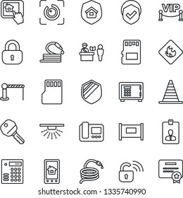 Thin Line Icon Set - fence vector, barrier, passport control, border cone, safe, identity card, hose, shield, flammable, sd, eye id, key, lock, estate insurance, vip zone, wireless, intercome