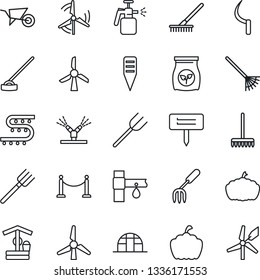 Thin Line Icon Set - fence vector, garden fork, farm, rake, wheelbarrow, well, hoe, sickle, plant label, pumpkin, greenhouse, sprayer, fertilizer, drip irrigation, windmill