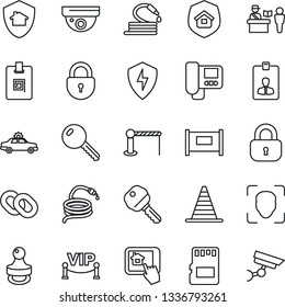 Thin Line Icon Set - fence vector, barrier, passport control, alarm car, border cone, lock, identity card, hose, chain, protect, sd, face id, stamp, key, estate insurance, vip zone, intercome