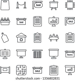 Thin Line Icon Set - fence vector, flight table, presentation board, meeting, clipboard, sale, rooms, sold signboard, smart home, cutting, chip