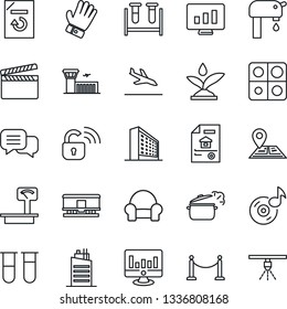 Thin Line Icon Set - fence vector, arrival, airport building, office, statistic monitor, document reload, glove, blood test vial, navigation, heavy scales, railroad, clapboard, dialog, music, estate