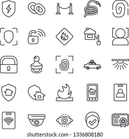 Thin Line Icon Set - fence vector, alarm car, hose, shield, flammable, chain, protect, lock, face id, eye, identity card, stamp, home control, fingerprint, wireless, app, pass, surveillance