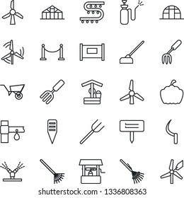 Thin Line Icon Set - fence vector, garden fork, farm, rake, wheelbarrow, well, hoe, sickle, plant label, pumpkin, greenhouse, sprayer, drip irrigation, windmill