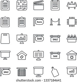 Thin Line Icon Set - fence vector, flight table, presentation board, meeting, clipboard, clapboard, sale, rooms, sold signboard, smart home, cutting, chip