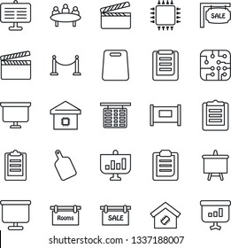 Thin Line Icon Set - fence vector, flight table, presentation board, meeting, clipboard, clapboard, sale, rooms, smart home, cutting, chip