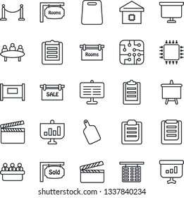 Thin Line Icon Set - fence vector, flight table, presentation board, meeting, clipboard, clapboard, sale, rooms, sold signboard, smart home, cutting, chip