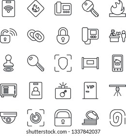 Thin Line Icon Set - fence vector, passport control, bomb in case, stamp, safe, hose, flammable, chain, lock, face id, eye, identity card, key, vip zone, wireless, intercome, home app, pass