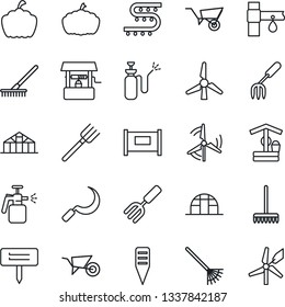 Thin Line Icon Set - fence vector, garden fork, farm, rake, wheelbarrow, well, sickle, plant label, pumpkin, greenhouse, sprayer, drip irrigation, windmill