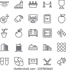 Thin Line Icon Set - fence vector, baggage conveyor, office building, growth statistic, monitor, seedling, glove, blood test vial, pulse clipboard, route, fragile, menu, scanner, music, application