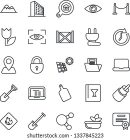 Thin Line Icon Set - fence vector, lock, office building, notebook pc, shovel, eye, navigation, container, tulip, flammable, share, rca, document folder, sun panel, mountains, estate search, salad