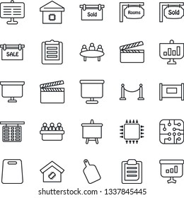 Thin Line Icon Set - fence vector, flight table, presentation board, meeting, clipboard, clapboard, sale, rooms, sold signboard, smart home, cutting, chip