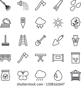 Thin Line Icon Set - fence vector, flower in pot, trowel, shovel, rake, ladder, tree, watering, saw, butterfly, water drop, sun, rain, hose, axe, plant label, bench, seeds, picnic table, fertilizer