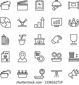 Thin Line Icon Set - fence vector, airport building, growth statistic, monitor, document reload, seedling, glove, pulse clipboard, navigation, fragile, heavy scales, clapboard, application, meeting
