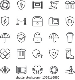 Thin Line Icon Set - fence vector, trash bin, safe, boot, patch, heart shield, hand, umbrella, protect, lock, eye id, intercome, water filter, home, crisis management, palm sproute