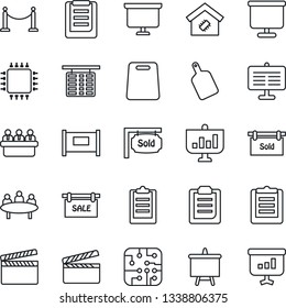 Thin Line Icon Set - fence vector, flight table, presentation board, meeting, clipboard, clapboard, sale, sold signboard, smart home, cutting, chip