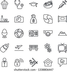 Thin Line Icon Set - fence vector, departure, camera, graduate, money bag, bench, stethoscope, syringe, route, tv, rca, network, application, mountains, sweet home, waiter, alcohol, egg stand, sushi