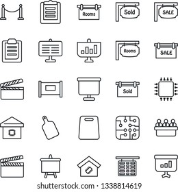 Thin Line Icon Set - fence vector, flight table, presentation board, meeting, clipboard, clapboard, sale, rooms, sold signboard, smart home, cutting, chip