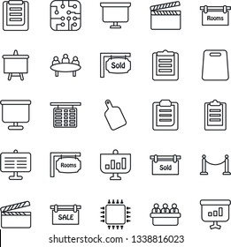 Thin Line Icon Set - fence vector, flight table, presentation board, meeting, clipboard, clapboard, sale, rooms, sold signboard, cutting, chip