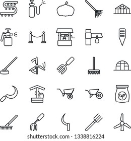 Thin Line Icon Set - fence vector, garden fork, farm, rake, wheelbarrow, well, hoe, sickle, plant label, pumpkin, greenhouse, sprayer, fertilizer, drip irrigation, windmill