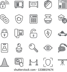 Thin Line Icon Set - fence vector, alarm car, border cone, safe, lock, hose, shield, chain, protect, face id, eye, identity card, stamp, key, estate insurance, wireless, intercome, home control app