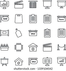 Thin Line Icon Set - fence vector, flight table, presentation board, meeting, clipboard, clapboard, sale, rooms, sold signboard, smart home, cutting, chip