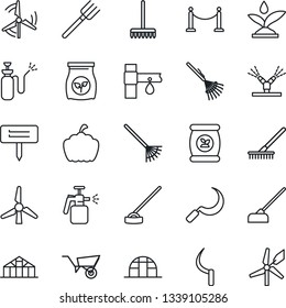 Thin Line Icon Set - fence vector, farm fork, rake, wheelbarrow, hoe, sickle, plant label, pumpkin, greenhouse, garden sprayer, fertilizer, drip irrigation, windmill