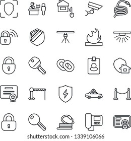 Thin Line Icon Set - fence vector, barrier, passport control, alarm car, lock, hose, shield, flammable, chain, protect, face id, key, home, wireless, intercome, pass card, surveillance, sprinkler