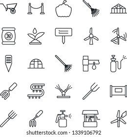 Thin Line Icon Set - fence vector, garden fork, farm, rake, wheelbarrow, well, plant label, pumpkin, greenhouse, sprayer, fertilizer, drip irrigation, windmill