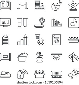 Thin Line Icon Set - fence vector, baggage conveyor, airport building, growth statistic, monitor, document reload, seedling, blood test vial, route, railroad, heavy scales, music, meeting, office