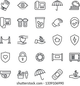 Thin Line Icon Set - fence vector, passport control, umbrella, trash bin, safe, lock, glove, hose, patch, heart shield, hand, protect, eye id, intercome, water filter, home, surveillance