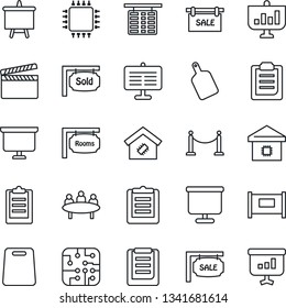 Thin Line Icon Set - fence vector, flight table, presentation board, meeting, clipboard, clapboard, sale, rooms, sold signboard, smart home, cutting, chip