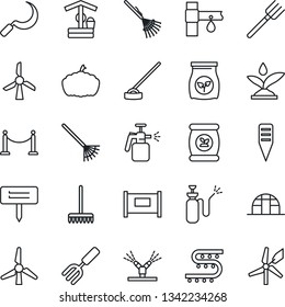 Thin Line Icon Set - fence vector, garden fork, farm, rake, well, hoe, sickle, plant label, pumpkin, greenhouse, sprayer, fertilizer, drip irrigation, windmill