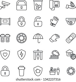 Thin Line Icon Set - fence vector, passport control, security gate, trash bin, glove, hose, patch, heart shield, umbrella, protect, lock, estate insurance, intercome, water filter, home