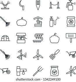 Thin Line Icon Set - fence vector, garden fork, farm, rake, wheelbarrow, well, sickle, plant label, pumpkin, greenhouse, sprayer, fertilizer, drip irrigation, windmill