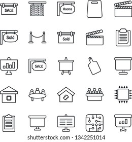 Thin Line Icon Set - fence vector, flight table, presentation board, meeting, clapboard, clipboard, sale, rooms, sold signboard, smart home, cutting, chip