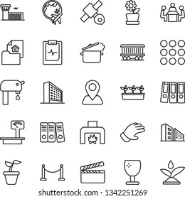 Thin Line Icon Set - fence vector, plane globe, airport building, office, seedling, glove, pulse clipboard, navigation, railroad, satellite, fragile, heavy scales, clapboard, menu, paper binder