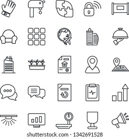 Thin Line Icon Set - fence vector, plane globe, growth statistic, monitor, document reload, glove, seedling, pulse clipboard, navigation, fragile, heavy scales, dialog, menu, application, estate