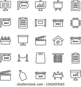 Thin Line Icon Set - fence vector, flight table, presentation board, meeting, clipboard, clapboard, sale, rooms, sold signboard, smart home, cutting, chip